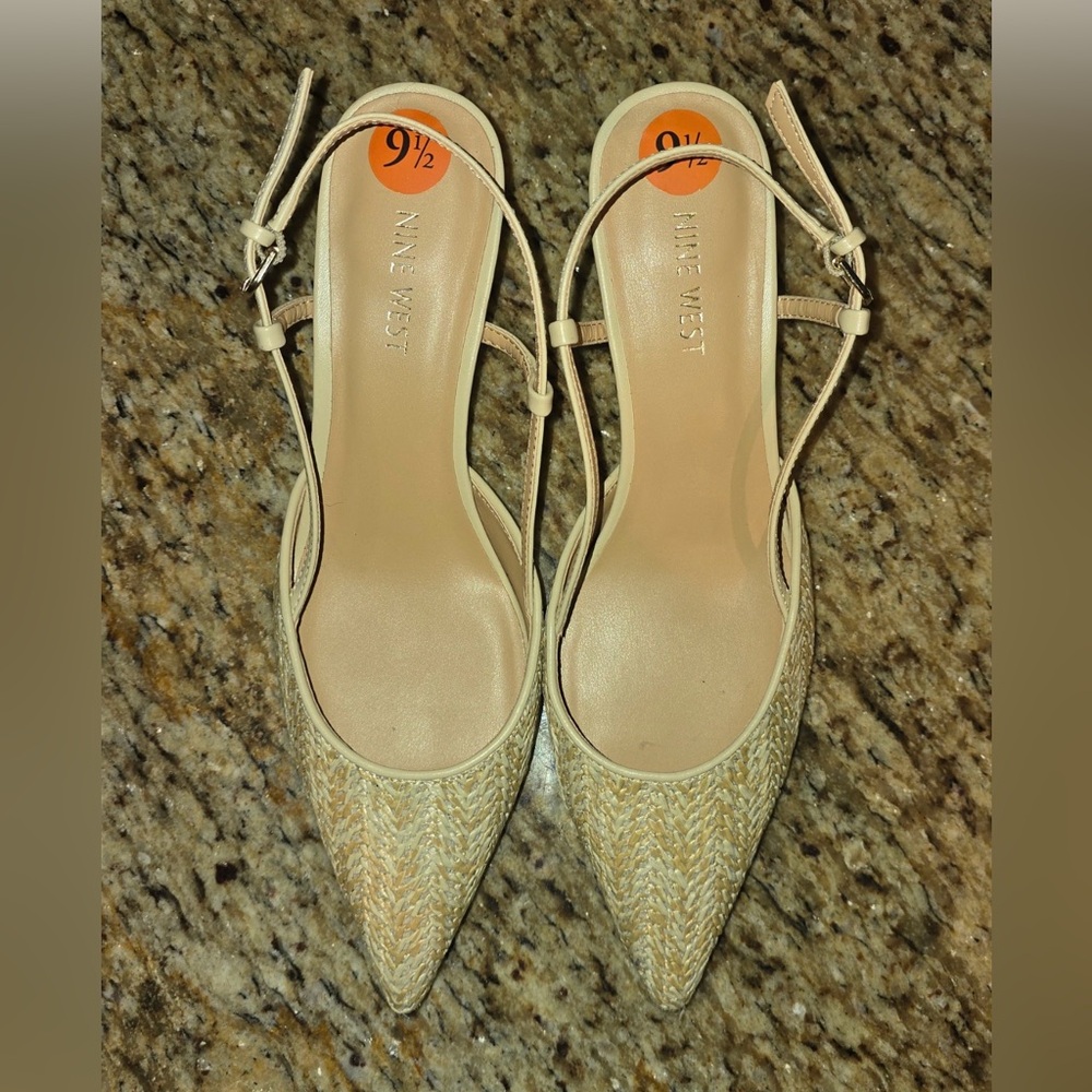 New Nine West Beige Slingback Heels Buckle Ankle Strap Pointed Toe US 9.5